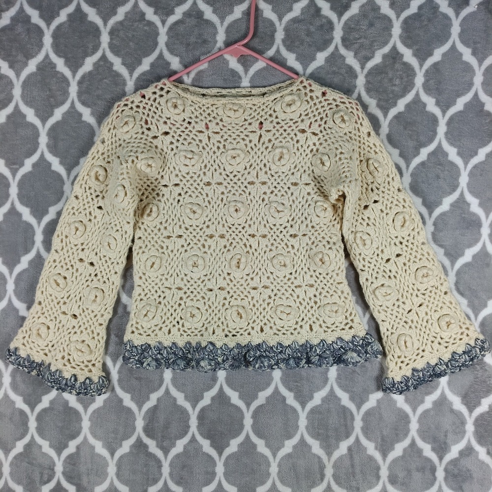 Handmade Crochet Sweater Women Small Cream Floral Bell Sleeve Boho Cottage